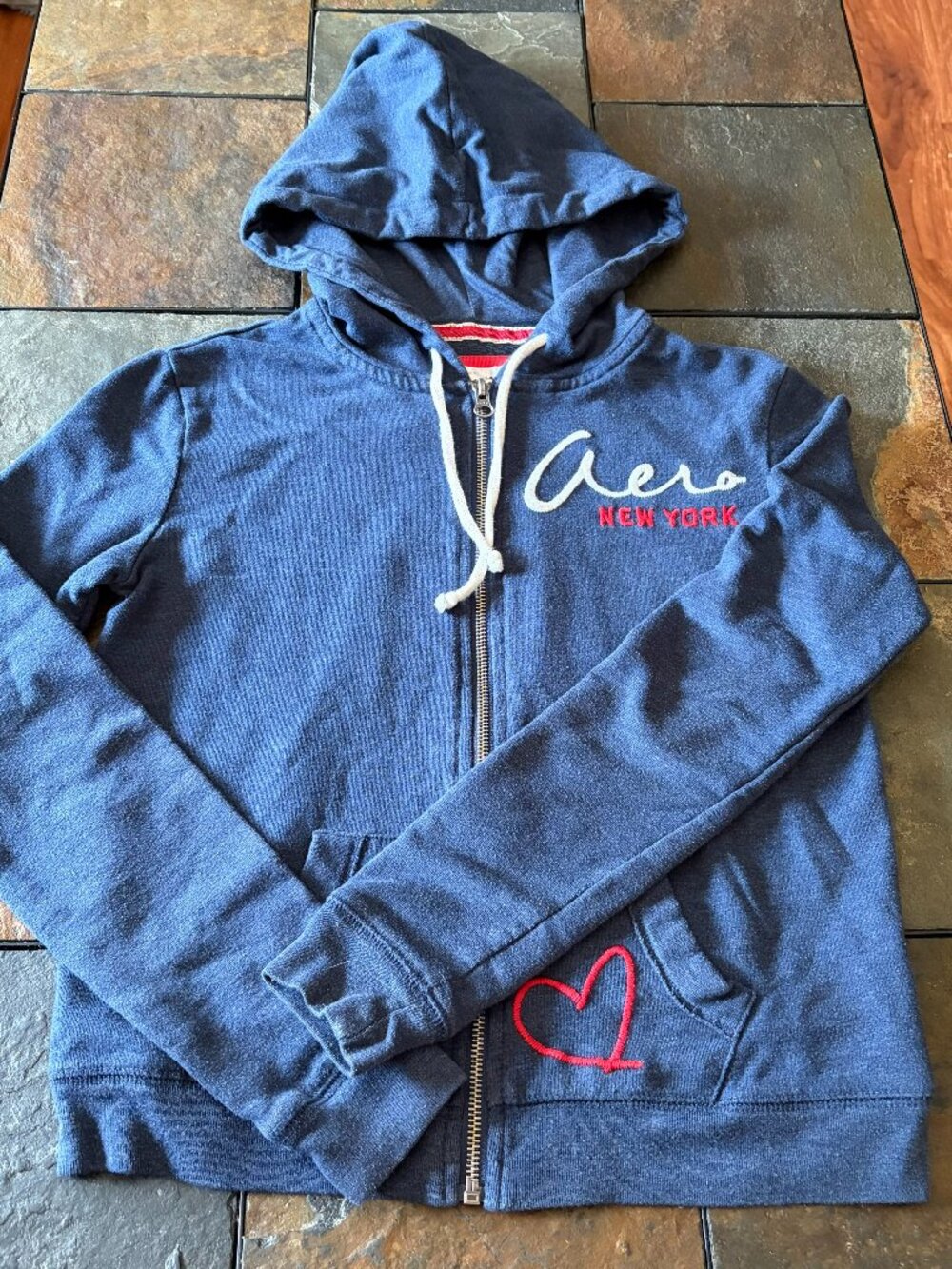 Blue zip-up Aeropostale Y2K style hoodie, embroidered Aero New York & heart, XS